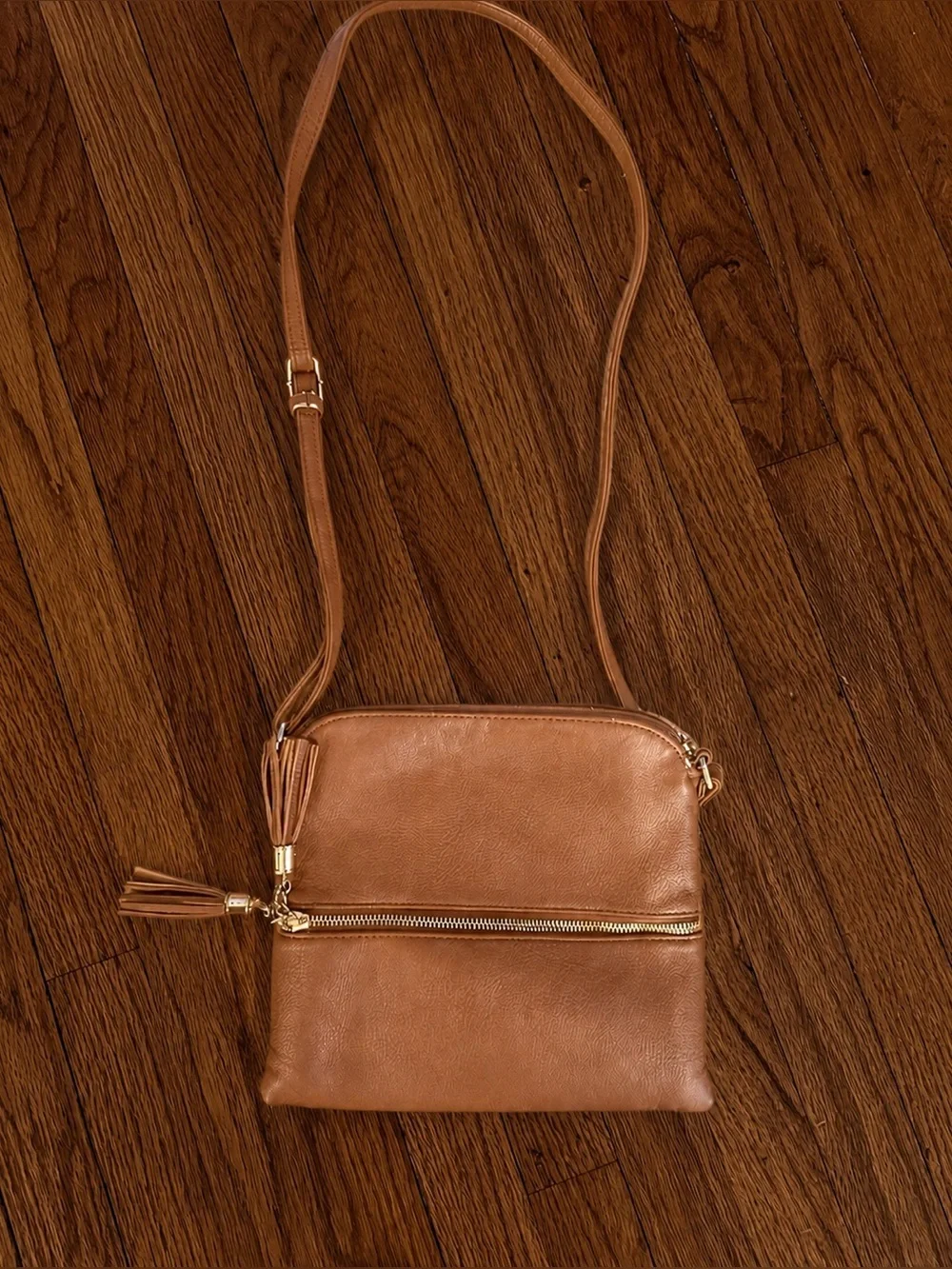 Cognac Crossbody Purse Tassel Detail Vegan Leather Bag